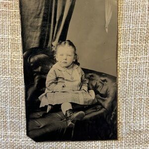 Small Tintype Antique Photo young girl, bright blue eyes, necklace, dress child